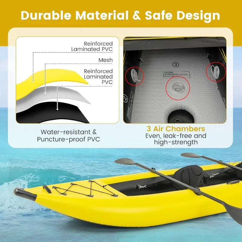 GYMAX Inflatable Kayak, 12.5Ft Tandem Kayak with 2 Aluminum Paddles, 2 Padded Seats,Footrests, 2 Fins,Hand Pump,Carry Bag