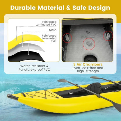 GYMAX Inflatable Kayak, 12.5Ft Tandem Kayak with 2 Aluminum Paddles, 2 Padded Seats,Footrests, 2 Fins,Hand Pump,Carry Bag