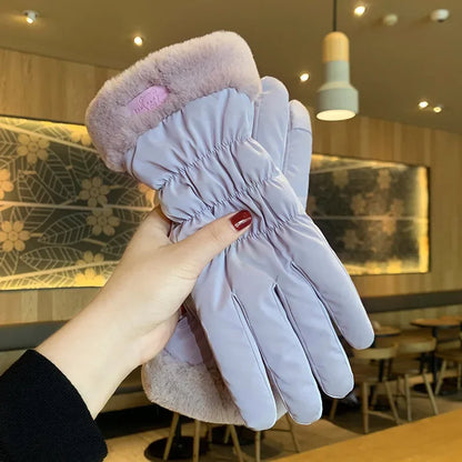 Ski Gloves Women Winter Fleece Thickened Warm Plush Cotton
