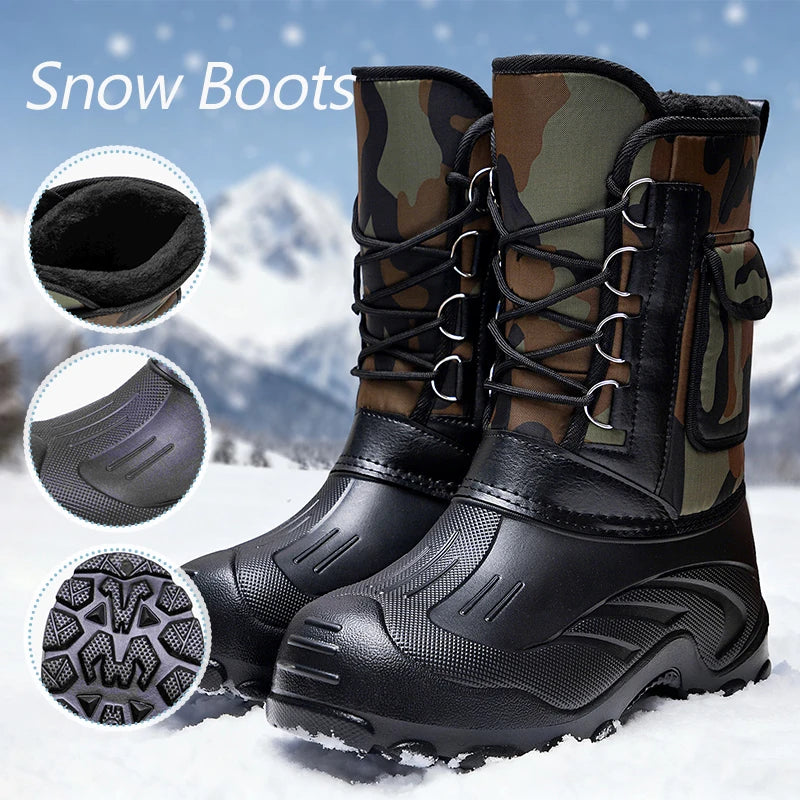 Warm Men Plush Snow Boots High Top Winter Men's Mid Calf Boots Waterproof Motorcycle Outdoor Anti-Slip Men Hiking Boots New